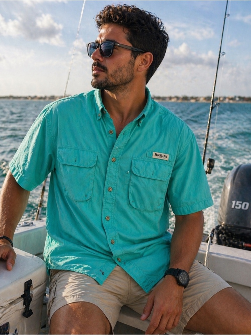 Magellan Fishing Shirt Teal Button Up Vented Size L Outdoor